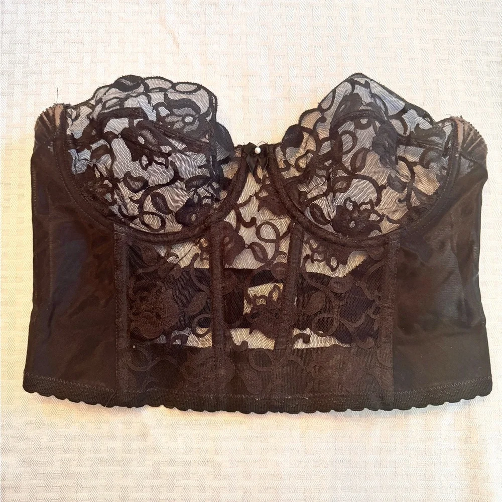 Vintage Valmont Black Lace Bustier Corset‎ ILGWU Union Made USA 38C